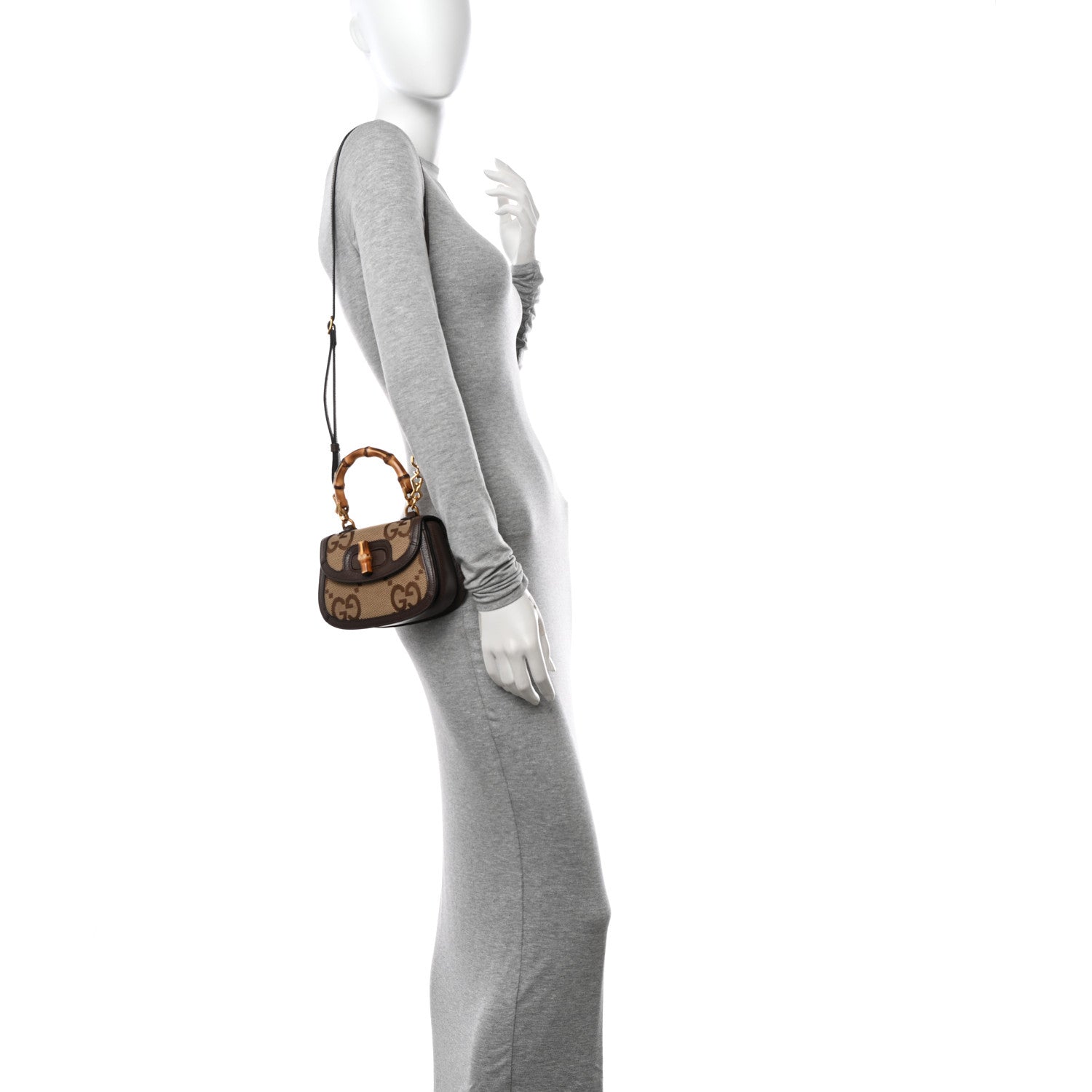 Gucci Monogram Jumbo GG Textured Dollar Calfskin Web Mini Bamboo 1947 Top Handle Bag Camel Ebony New Acero 2 of 11