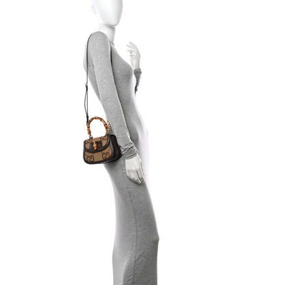 Gucci Monogram Jumbo GG Textured Dollar Calfskin Web Mini Bamboo 1947 Top Handle Bag Camel Ebony New Acero 2 of 11