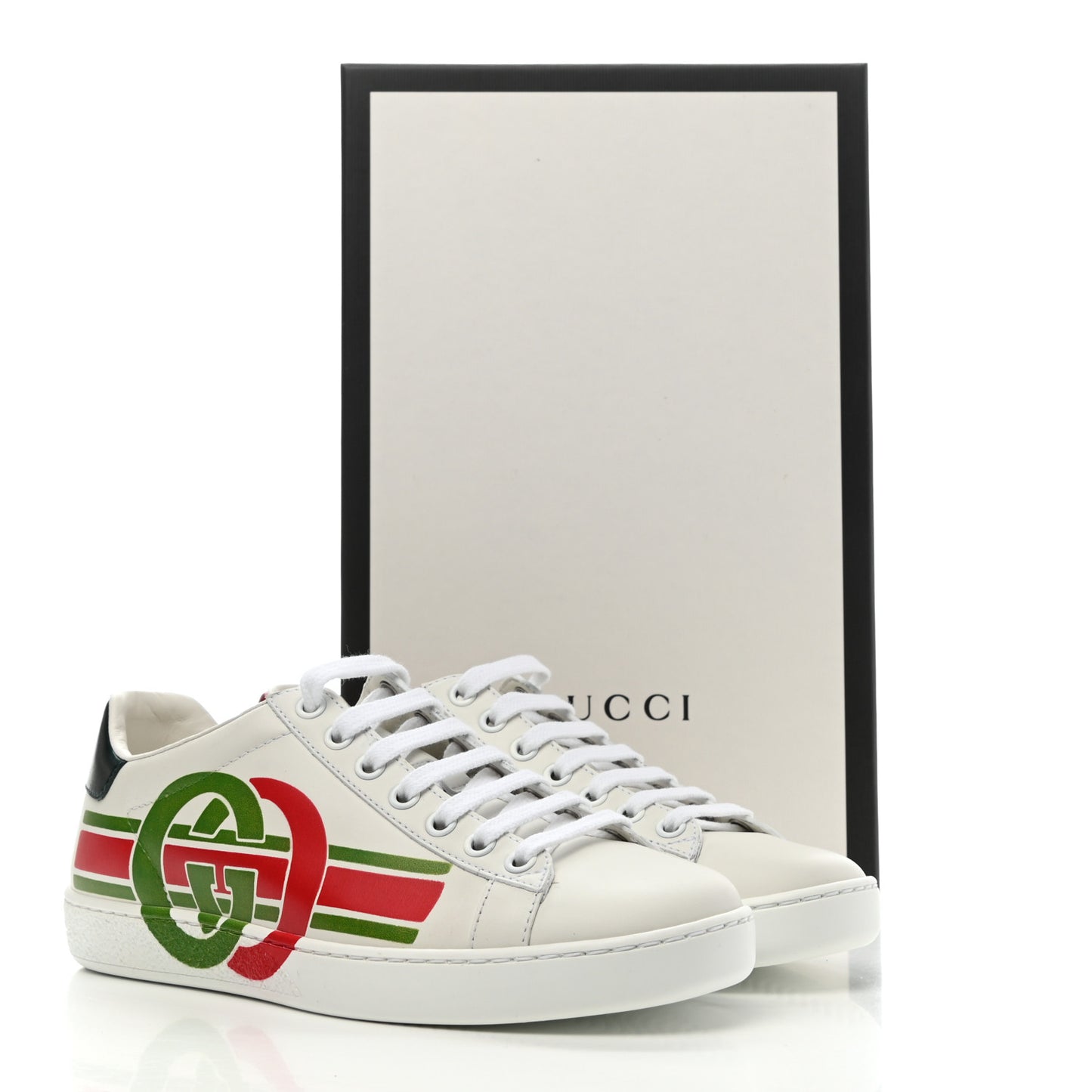 Calfskin Interlocking G Womens New Ace Sneakers 36 White Red Flame Green