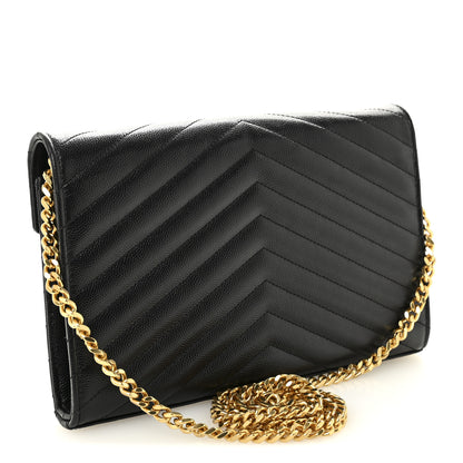 Saint Laurent Grain De Poudre Matelasse Chevron Monogram Chain Wallet Black 3 of 10