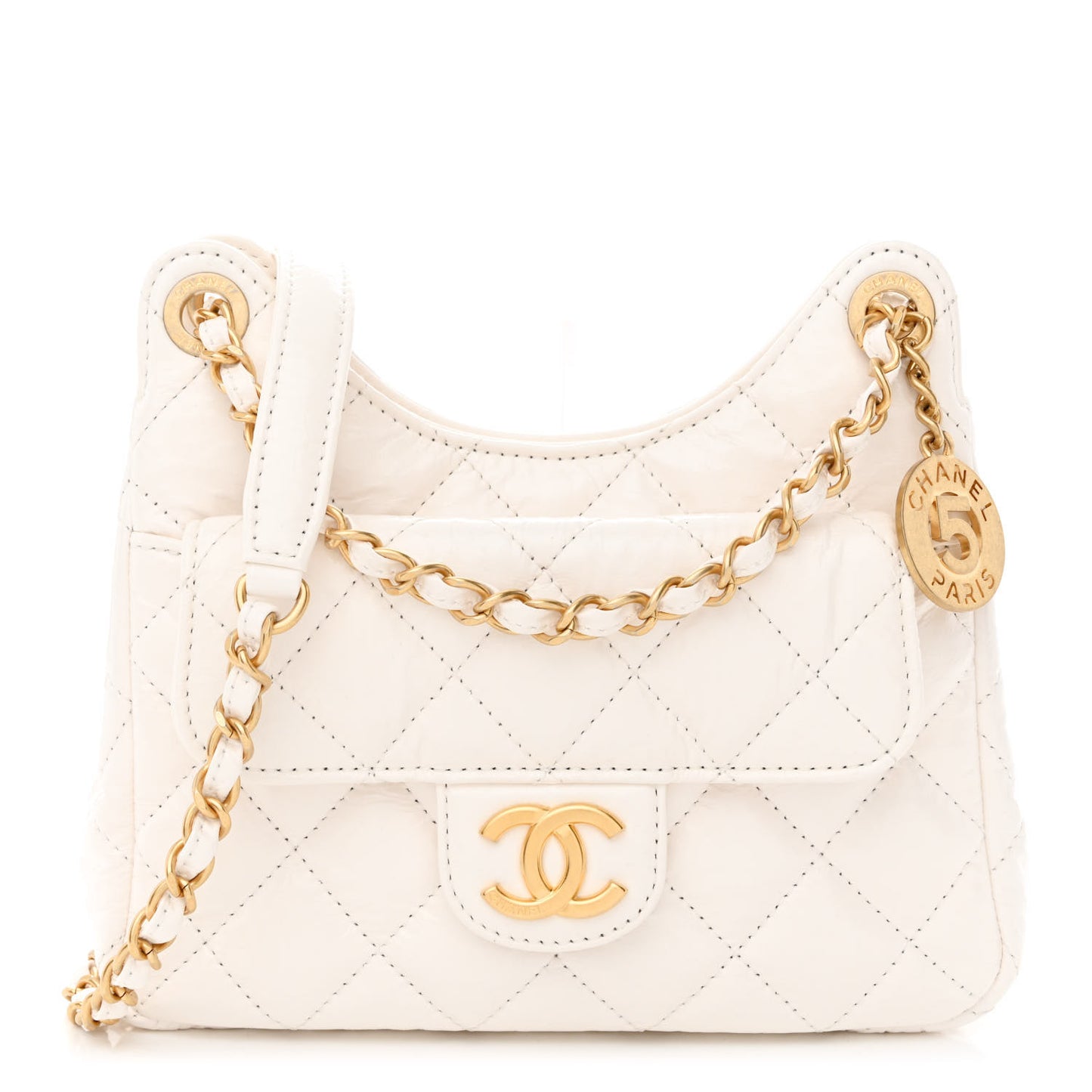 Shiny Crumpled Calfskin Quilted Small Wavy CC Hobo White