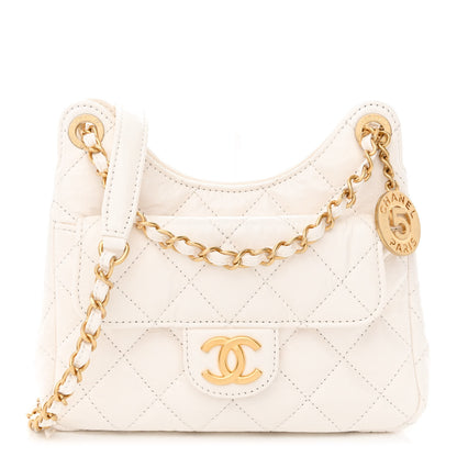 Chanel Shiny Crumpled Calfskin Quilted Small Wavy CC Hobo White 1 of 11