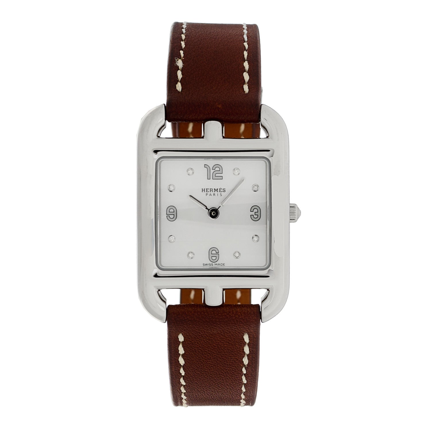 Hermes Stainless Steel Barenia Diamond Mother of Pearl 23mm Cape Cod Quartz Watch Fauve 1 of 5