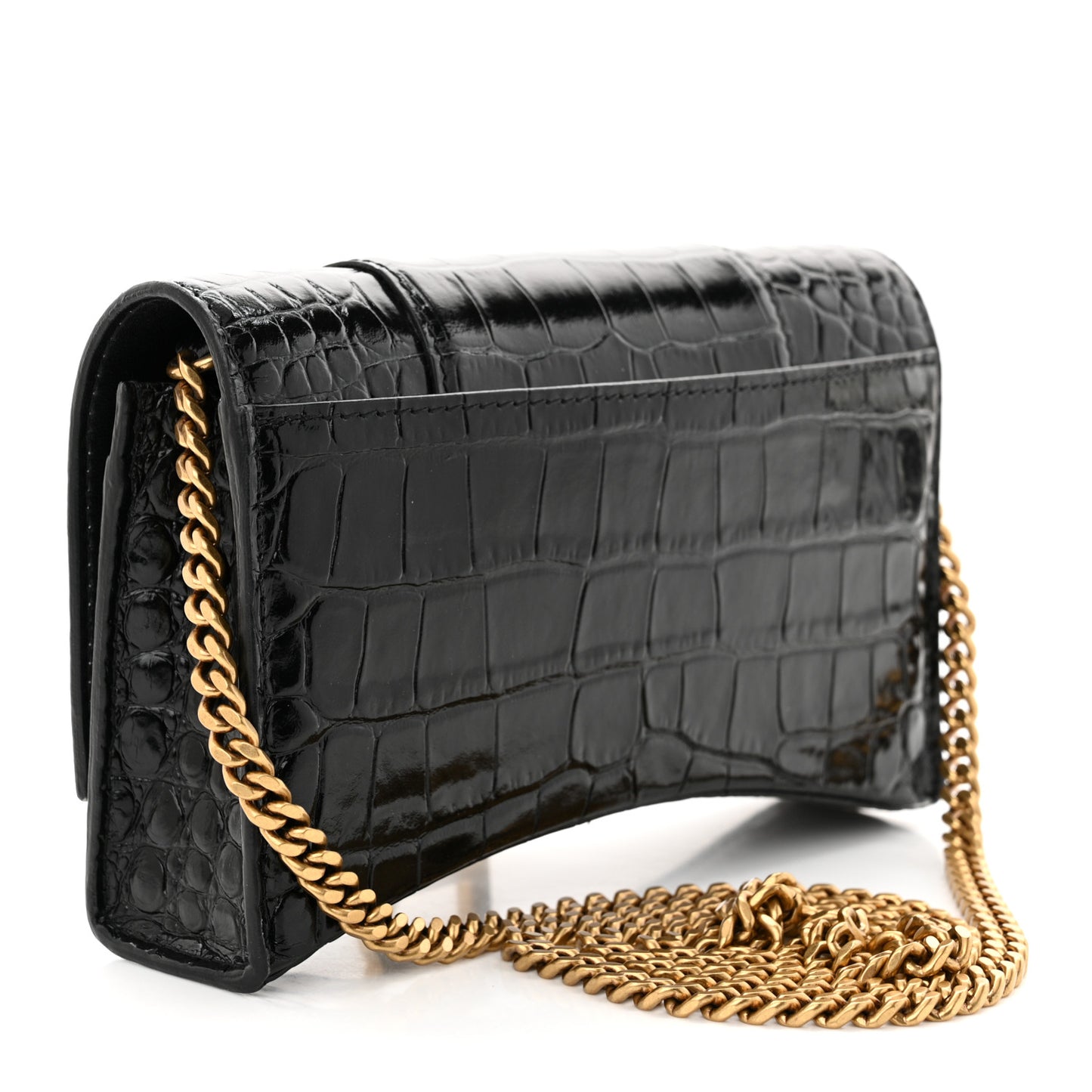 Shiny Calfskin Crocodile Embossed Hourglass Chain Bag Black