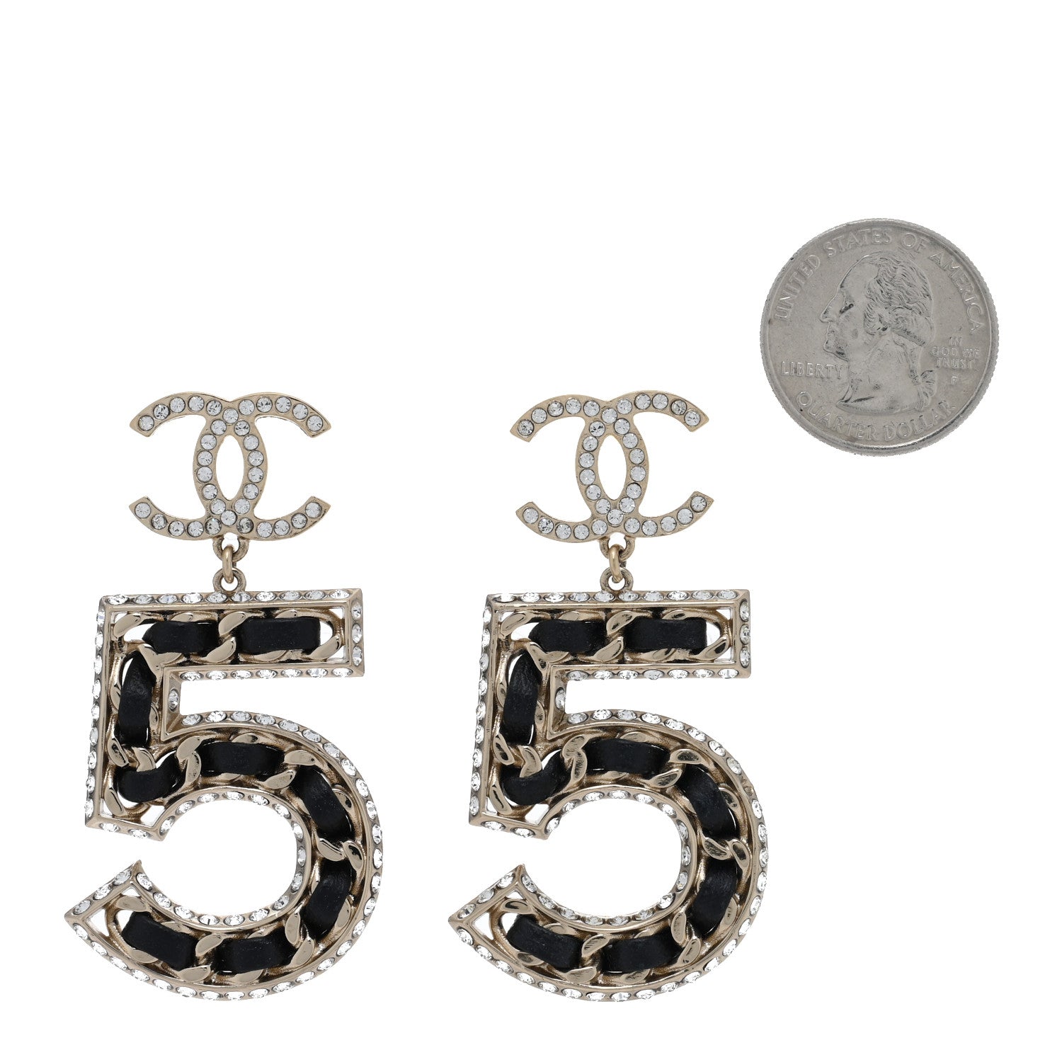 Chanel Crystal Lambskin Chain CC No 5 Drop Earrings Gold Black 2 of 5