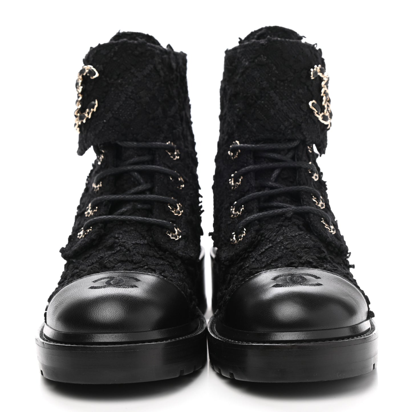 Tweed Lambskin Quilted Lace Up Combat Boots 39.5 Black