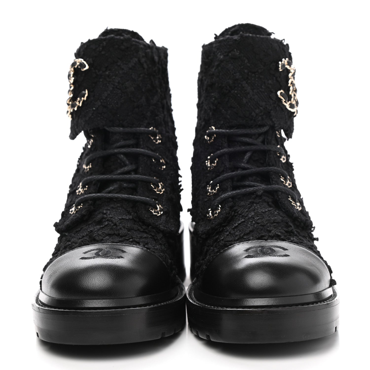 Chanel Tweed Lambskin Quilted Lace Up Combat Boots 39.5 Black 2 of 9