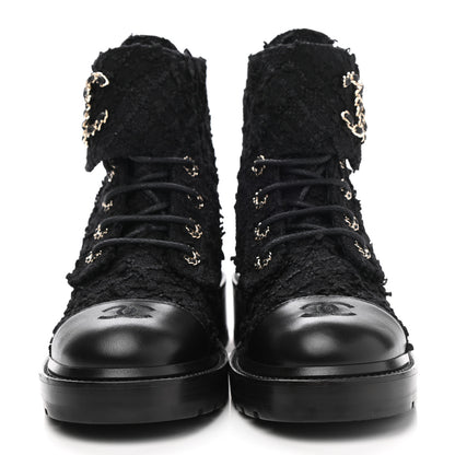 Chanel Tweed Lambskin Quilted Lace Up Combat Boots 39.5 Black 2 of 9