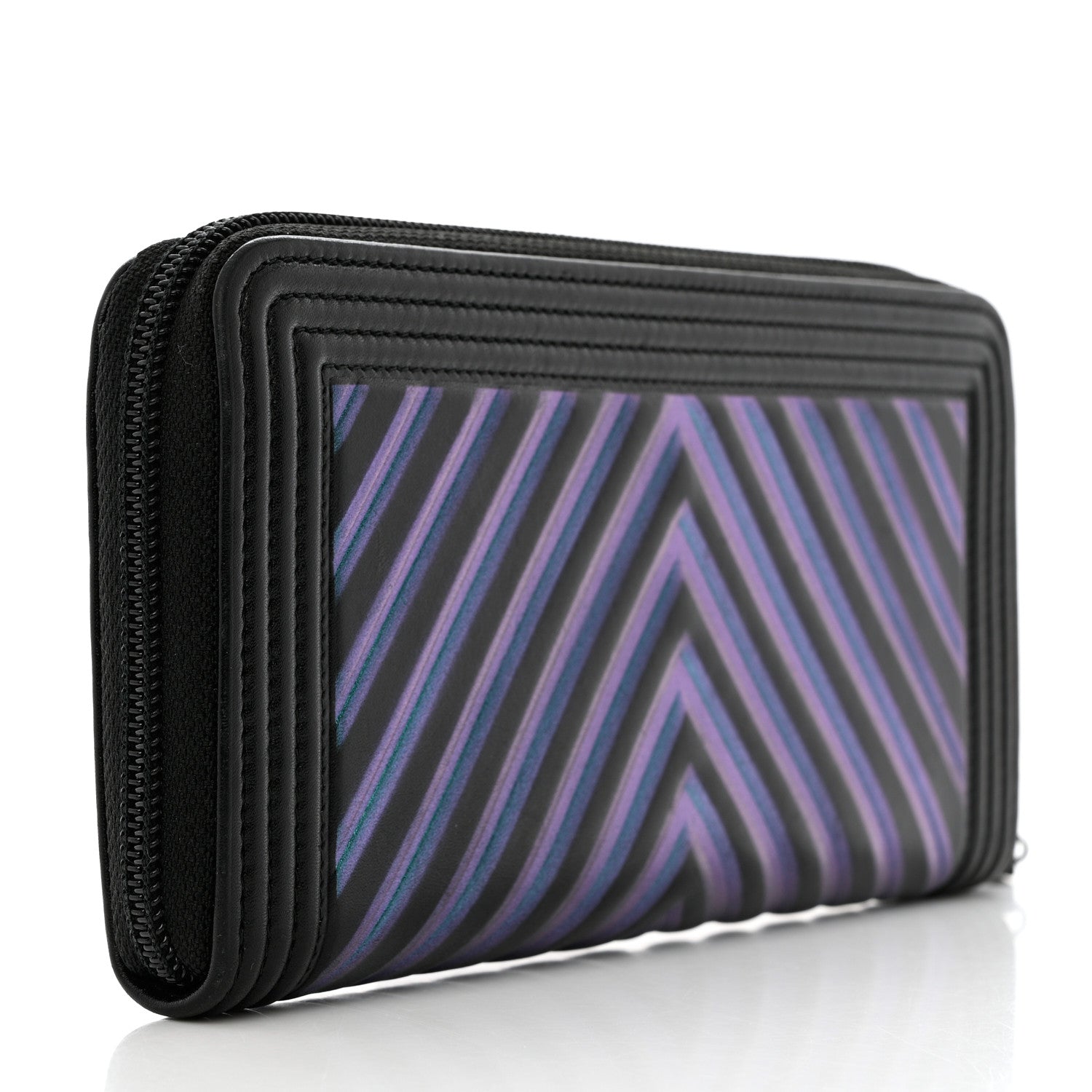 Chanel Calfskin Painted Chevron Embossed Large Boy Zip Wallet Black 3 of 9