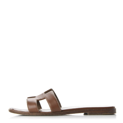 Hermes Box Calfskin Oran Sandals 37.5 Gold 1 of 8