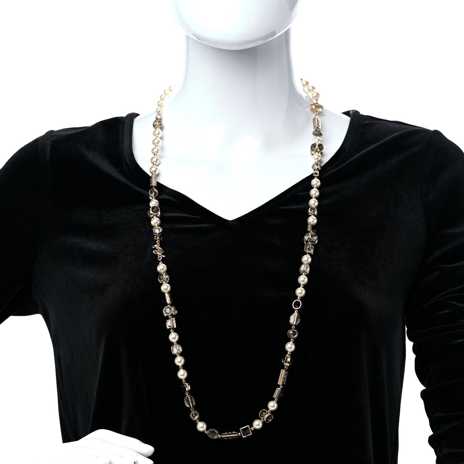 Chanel Pearl Gripoix Baguette Crystal CC Long Strand Necklace Gold 3 of 5