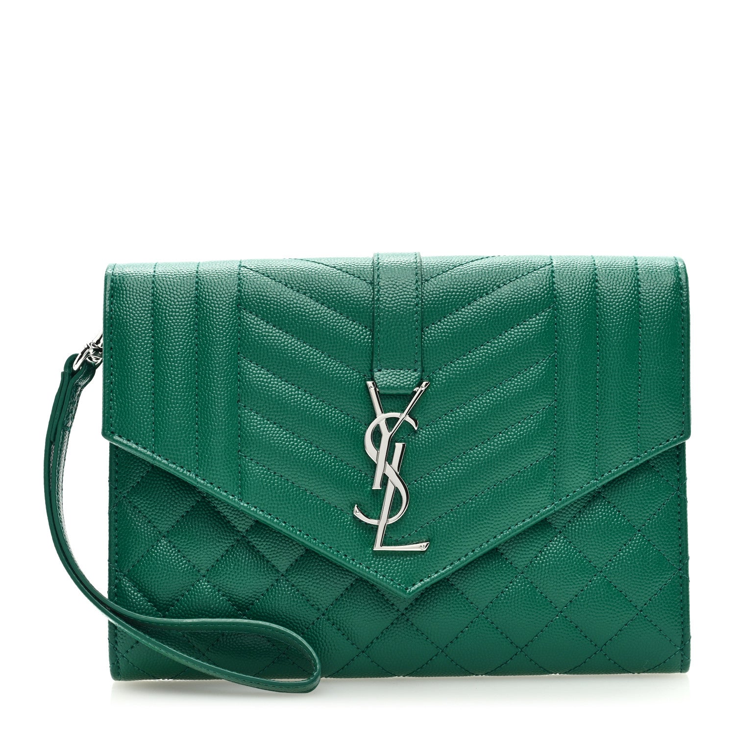 Saint Laurent Grain De Poudre Textured Mixed Matelasse Triquilt Monogram Clutch Green Field 1 of 6