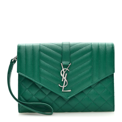 Saint Laurent Grain De Poudre Textured Mixed Matelasse Triquilt Monogram Clutch Green Field 1 of 6