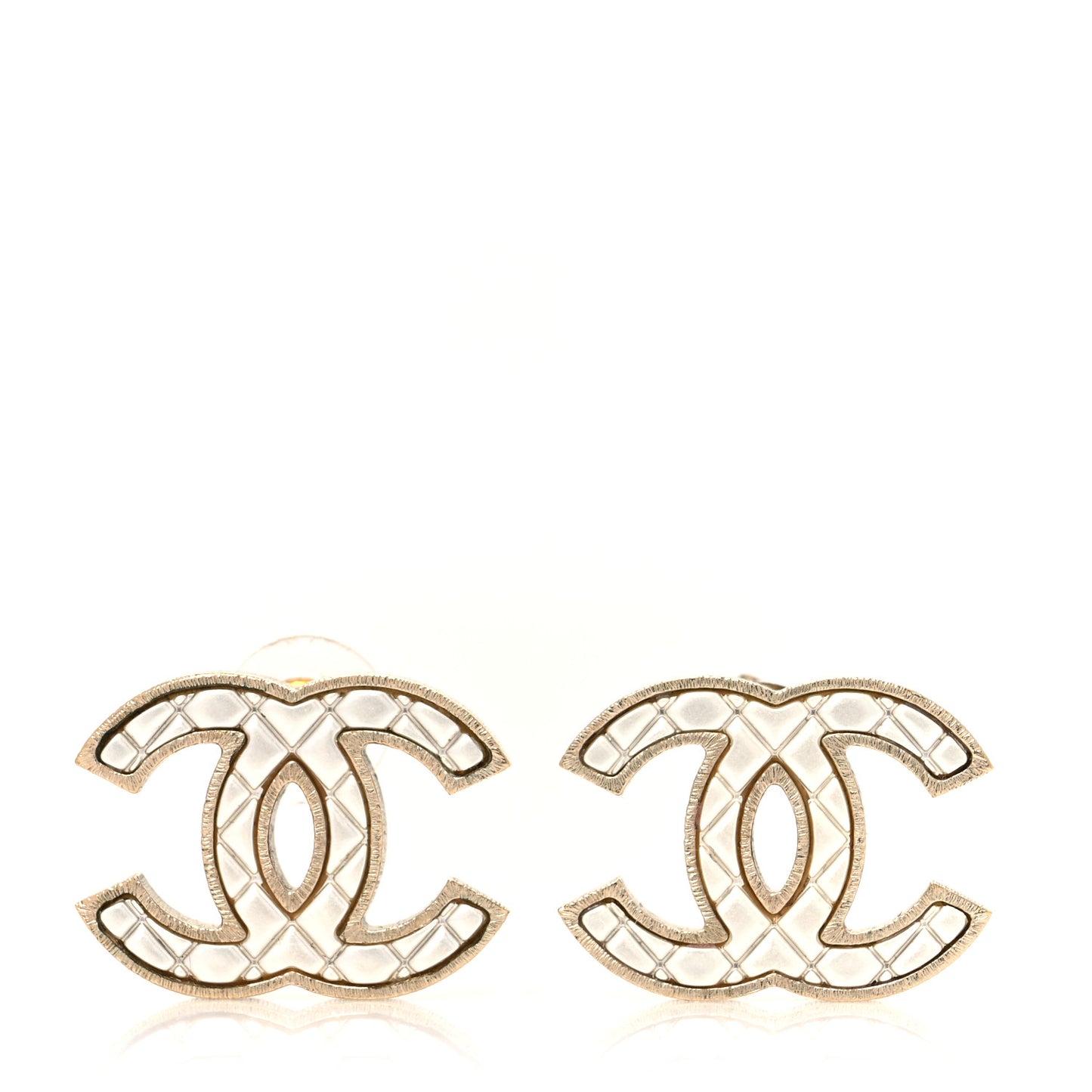 Metal Quilted CC Earrings Gold White