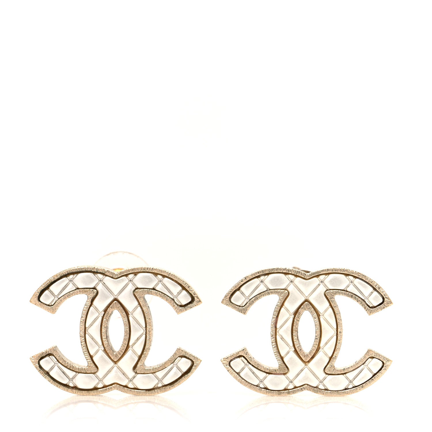 Chanel Metal Quilted CC Earrings Gold White 1 of 5