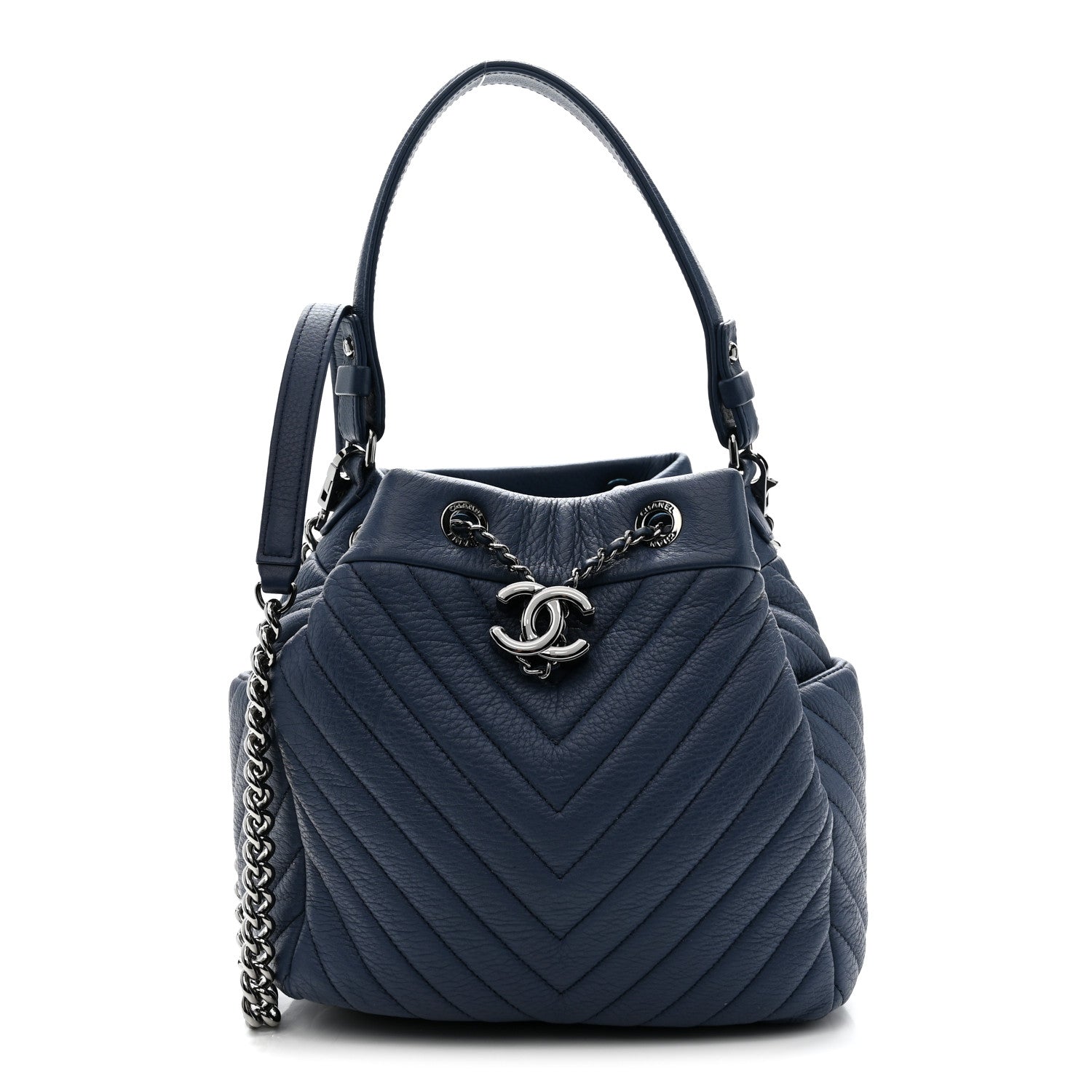 Chanel Deerskin Chevron Small CC Chain Bucket Bag Navy Blue 1 of 10