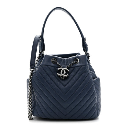 Chanel Deerskin Chevron Small CC Chain Bucket Bag Navy Blue 1 of 10