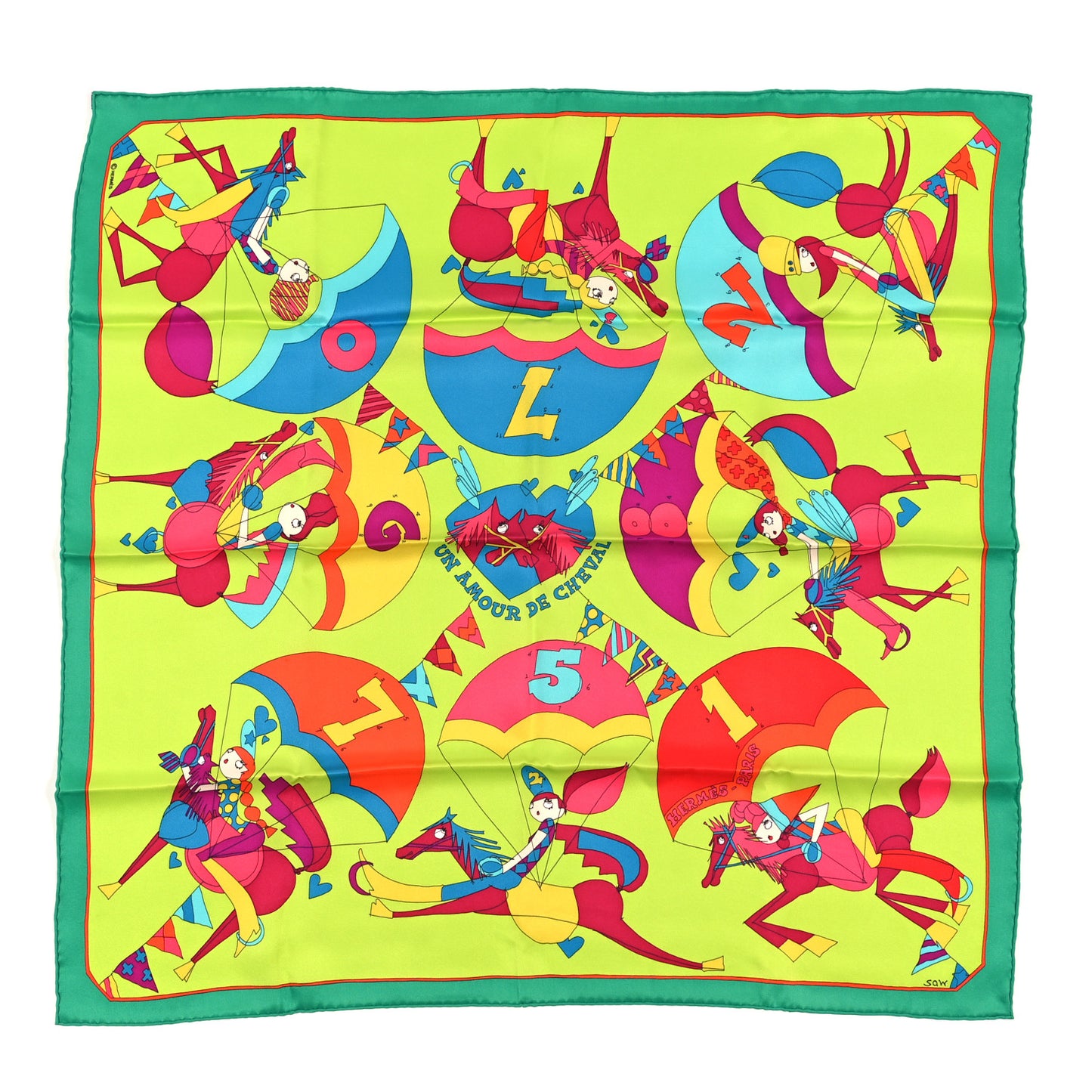 Silk Vintage Un Amour de Cheval Scarf 70 Vert Cru