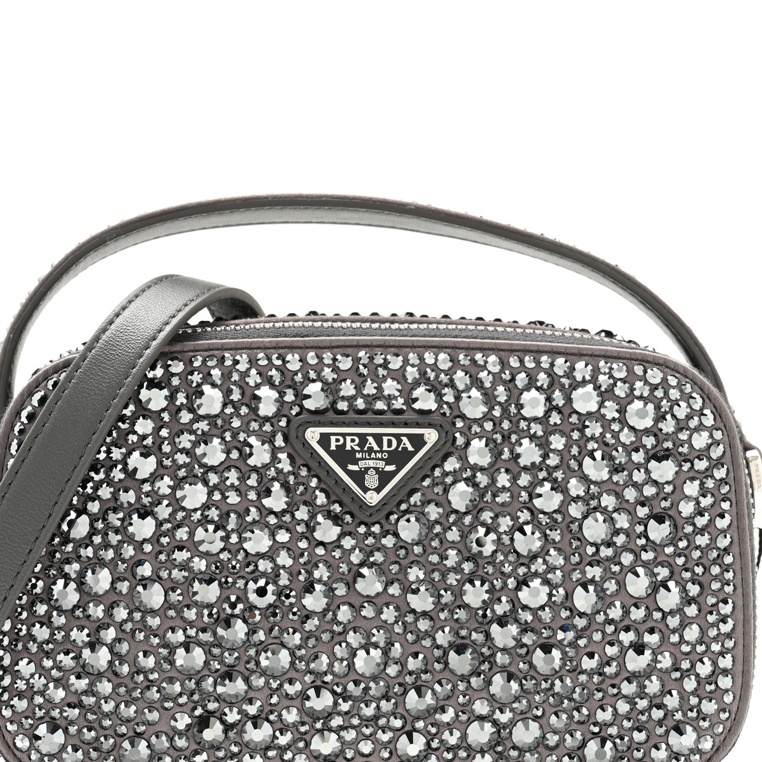 Prada Satin Crystal Metal Triangle Logo Odette Crossbody Fumo 8 of 10