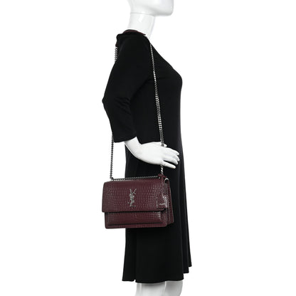 Saint Laurent Calfskin Crocodile Embossed Medium Monogram Sunset Rouge Legion 2 of 12