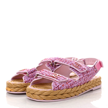 Chanel Tweed Patent Calfskin Velcro Dad Sandals 37.5 Pink Multicolor 3 of 9