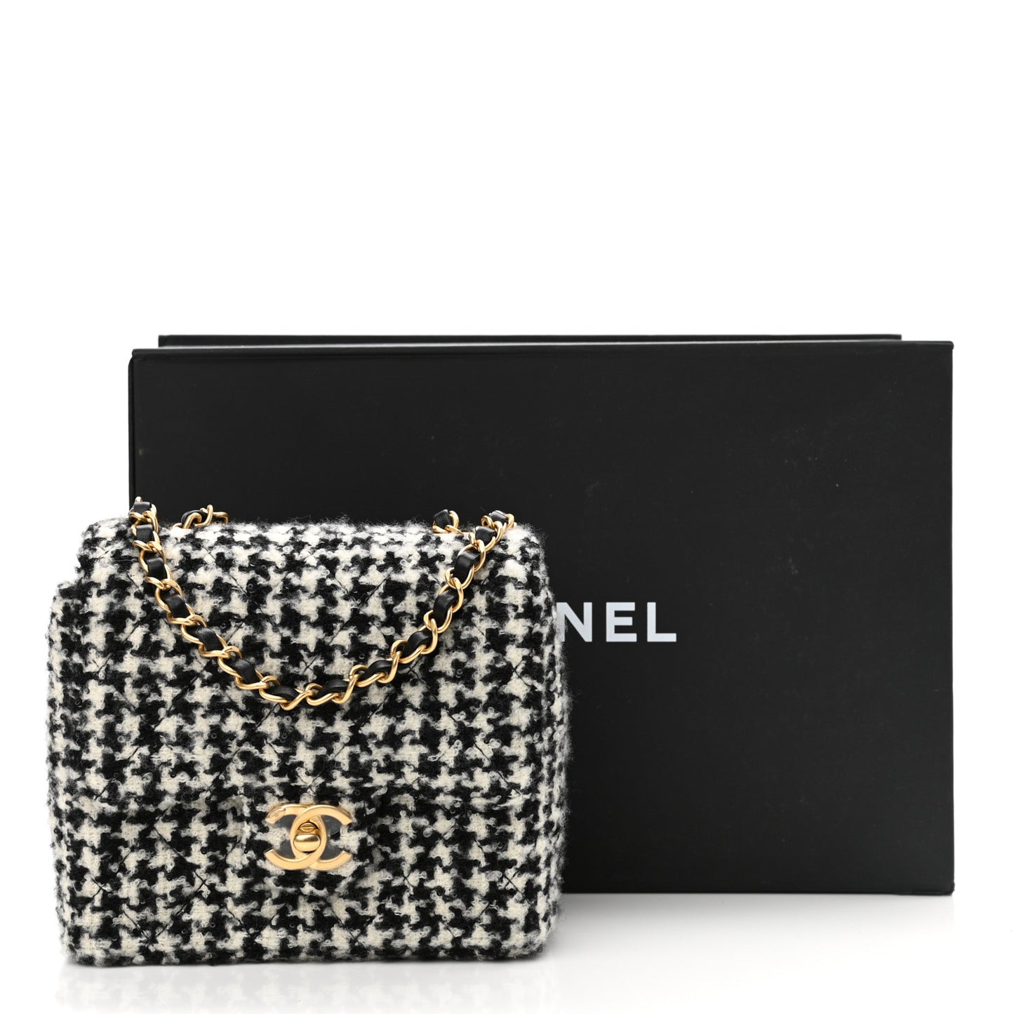 Tweed Houndstooth Mini Square Flap Black White