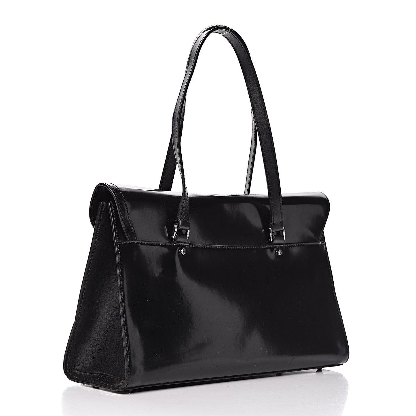 Glazed Calfskin Saddle Shopper Black