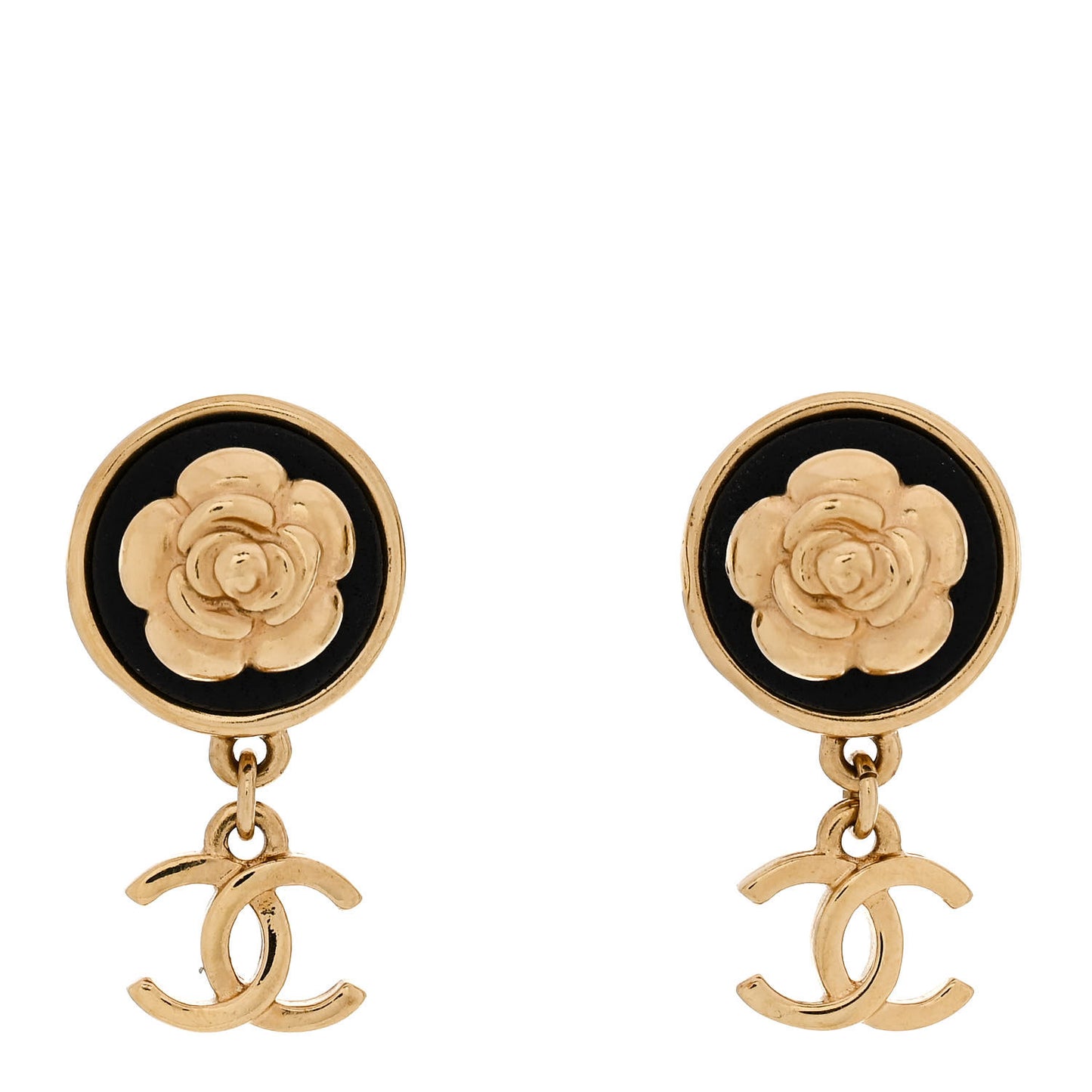 Metal Lambskin Camellia CC Drop Earrings Gold Black
