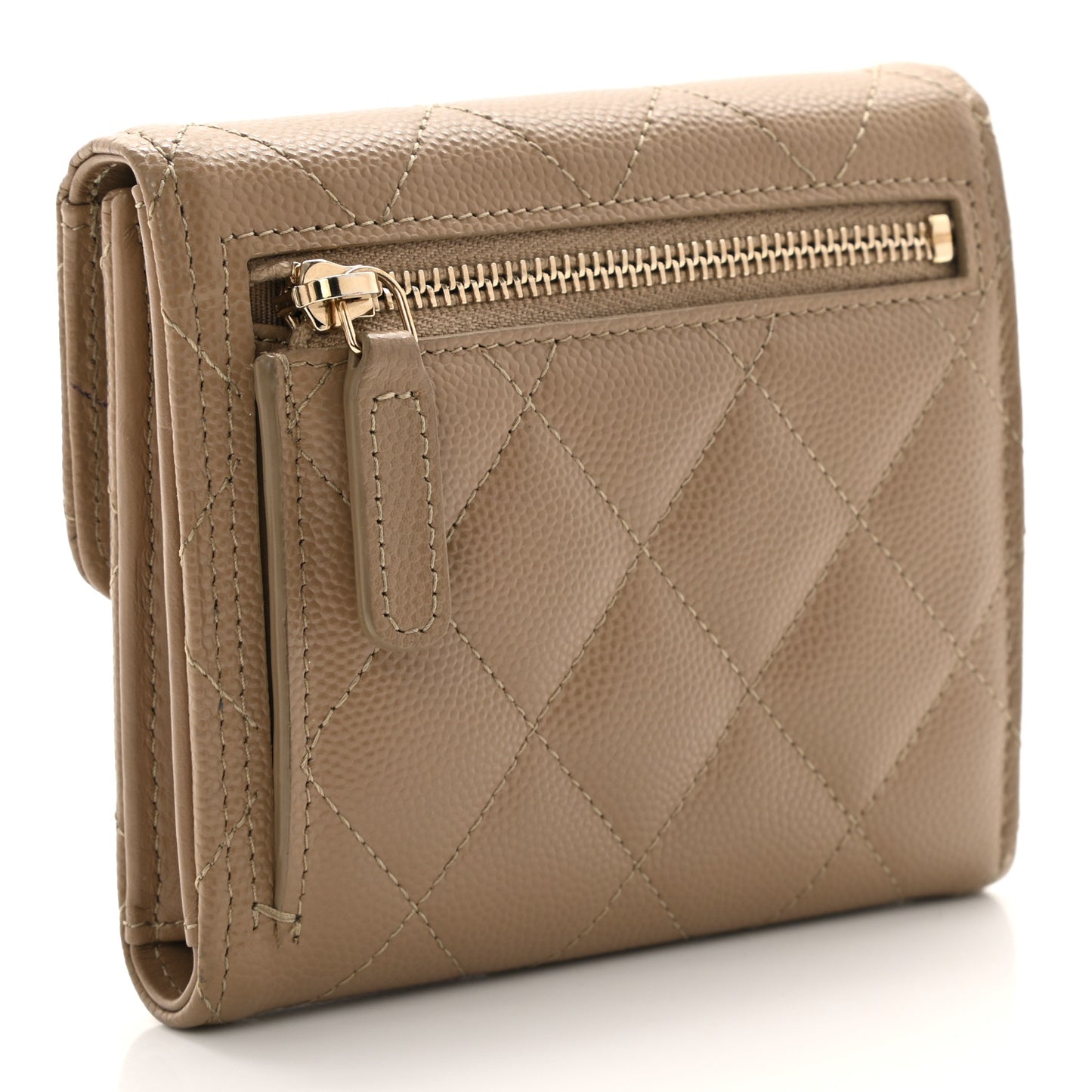 Caviar Quilted Compact Flap Wallet Dark Beige
