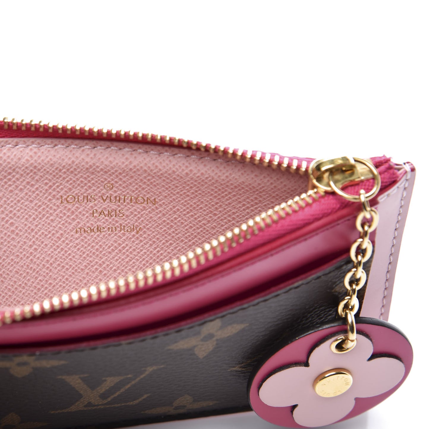 Monogram Blooming Flowers Zipped Card Holder Hot Pink Rose Ballerine