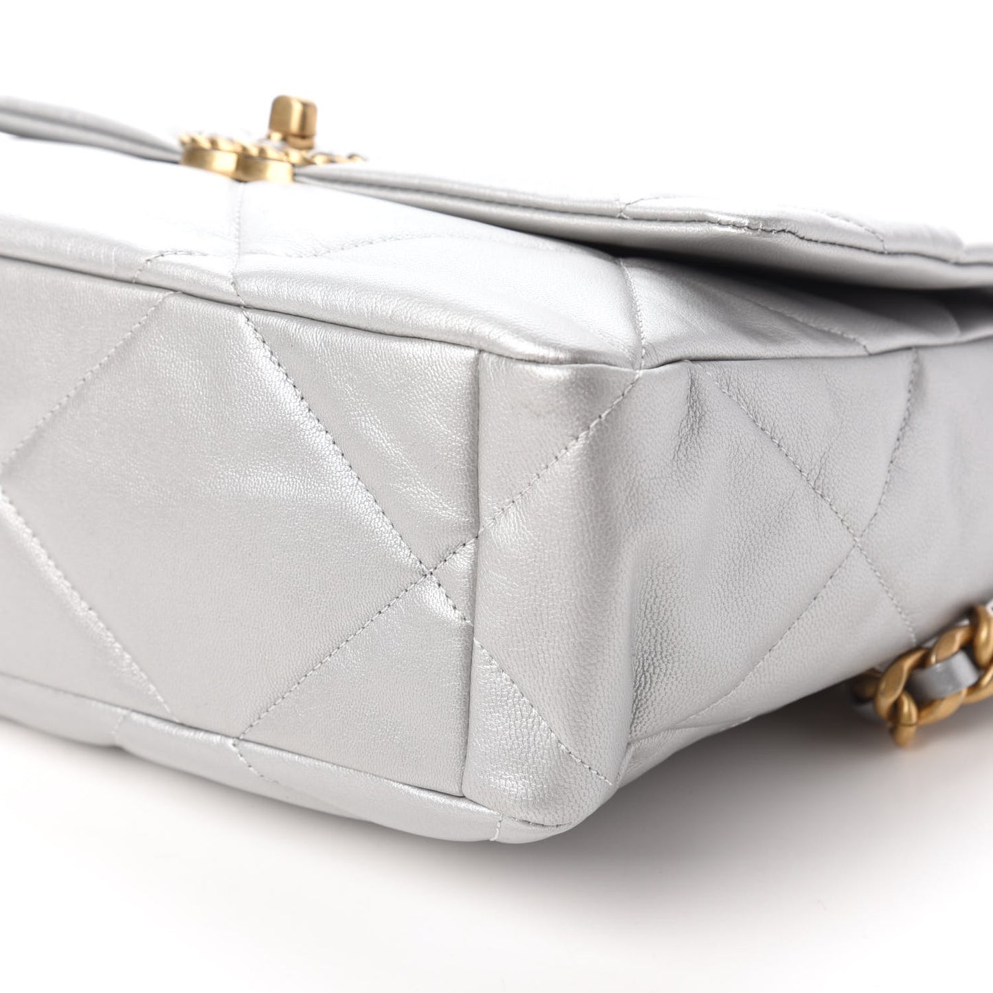 Metallic Goatskin Quilted Large Chanel 19 Flap Silver