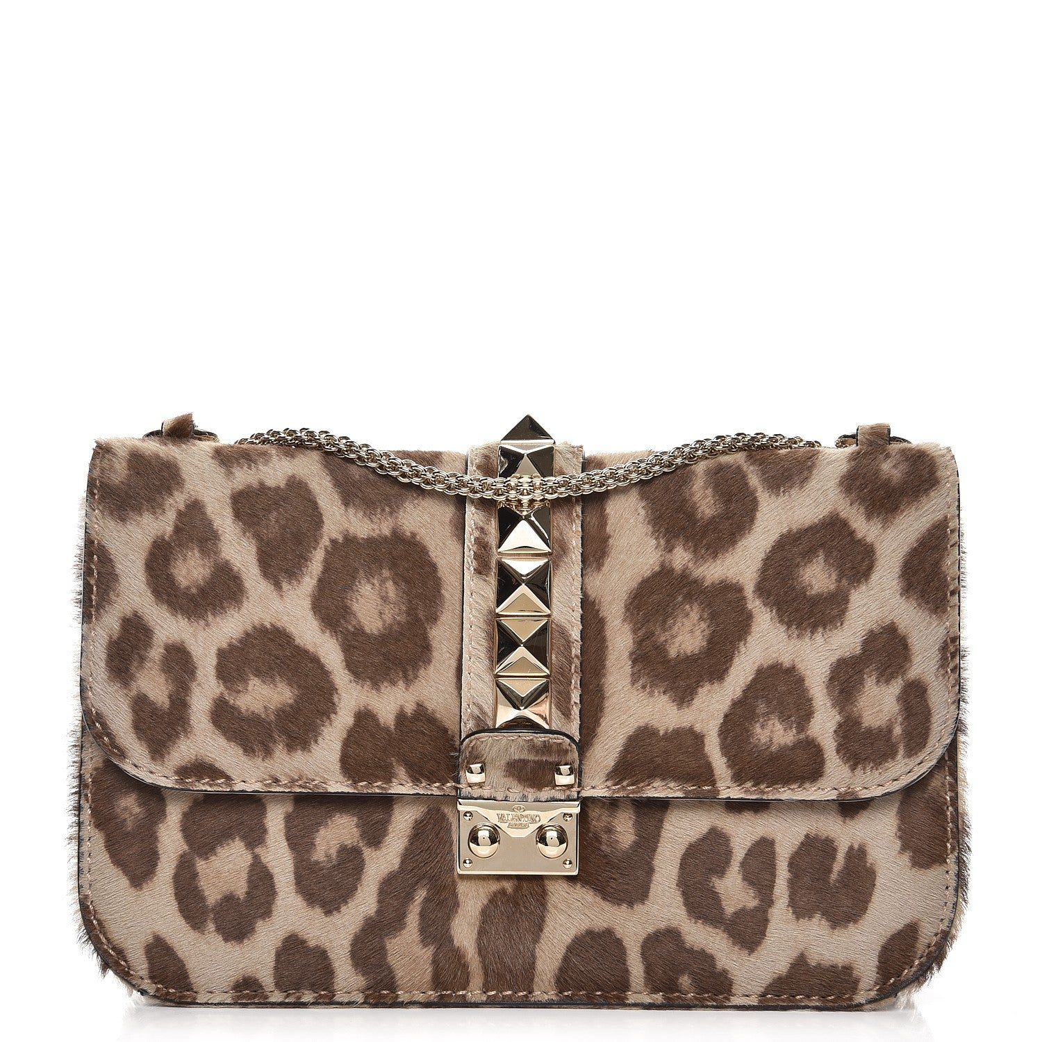 Valentino Garavani Calf Hair Leopard Print Medium Glam Lock Rockstud Flap Blush 1 of 8