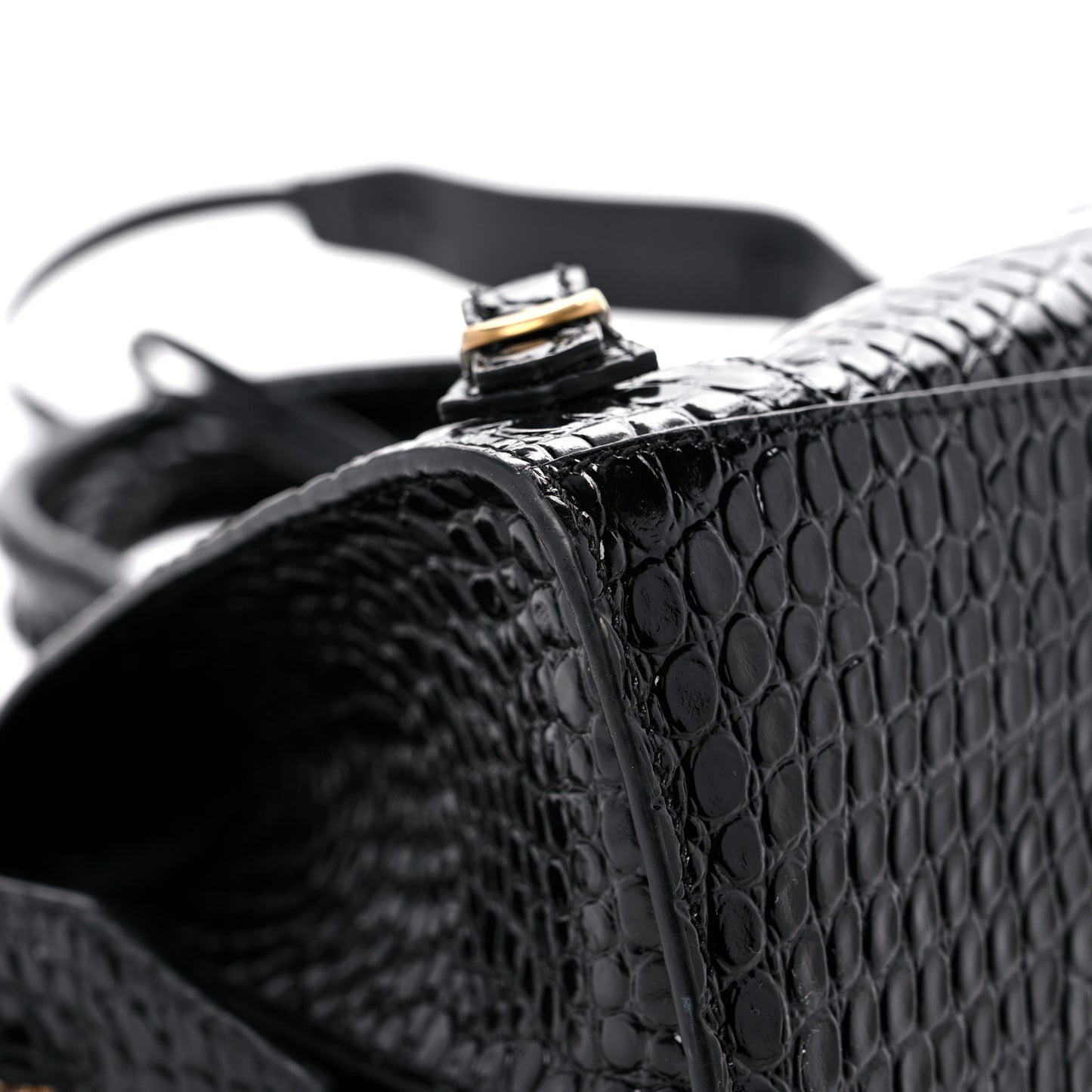Shiny Supple Calfskin Crocodile Embossed Brass Hardware Neo Classic City Black