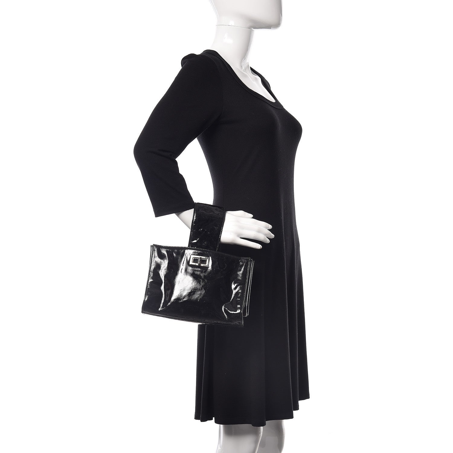Chanel Patent Mademoiselle Lock Convertible Wrist Clutch Bag Black 2 of 6