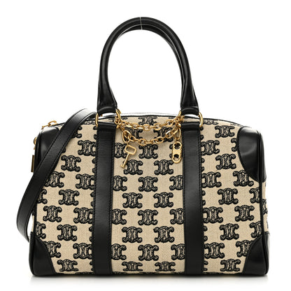 Celine Canvas Calfskin Triomphe Embroidered Boston Bag Black 1 of 12