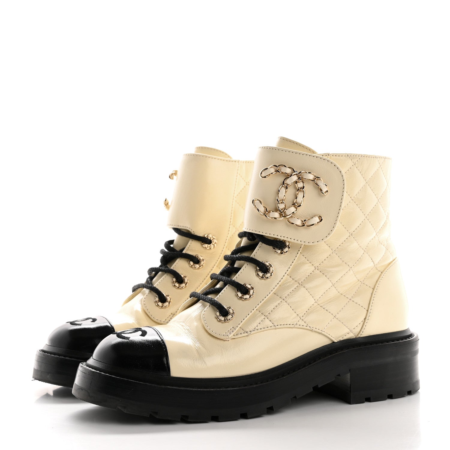 Chanel Shiny Lambskin Quilted Lace Up Combat Boots 36.5 White Black 4 of 12