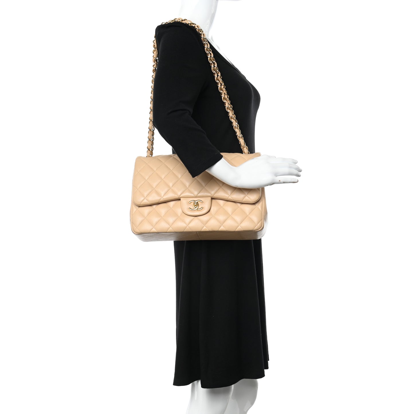 Lambskin Quilted Jumbo Double Flap Beige