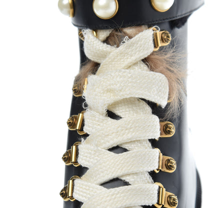 Gucci Magnum Calfskin Fur Pearl Lace Up Combat Ankle Boots 37 Black Naturale 9 of 10
