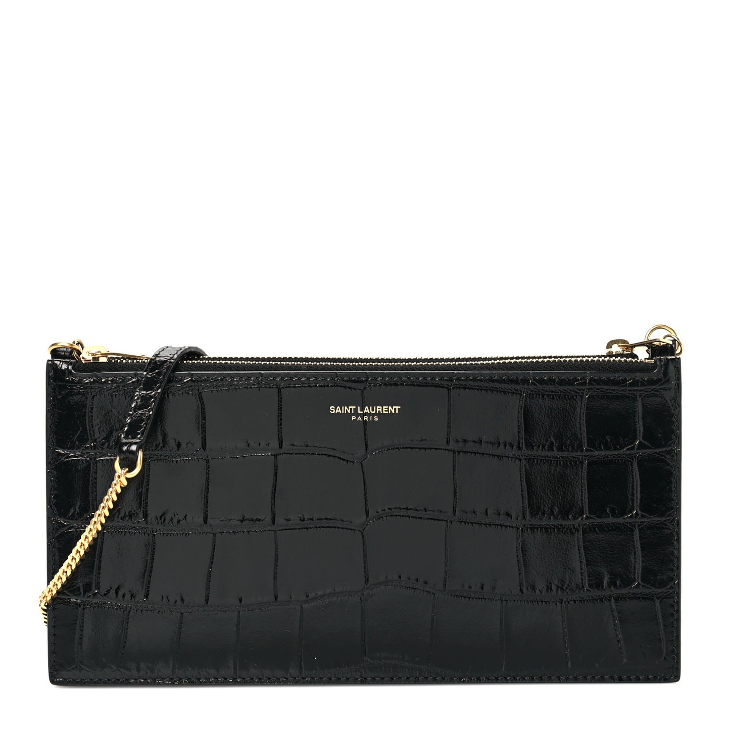 Calfskin Crocodile Embossed Double Pouch On Chain Black