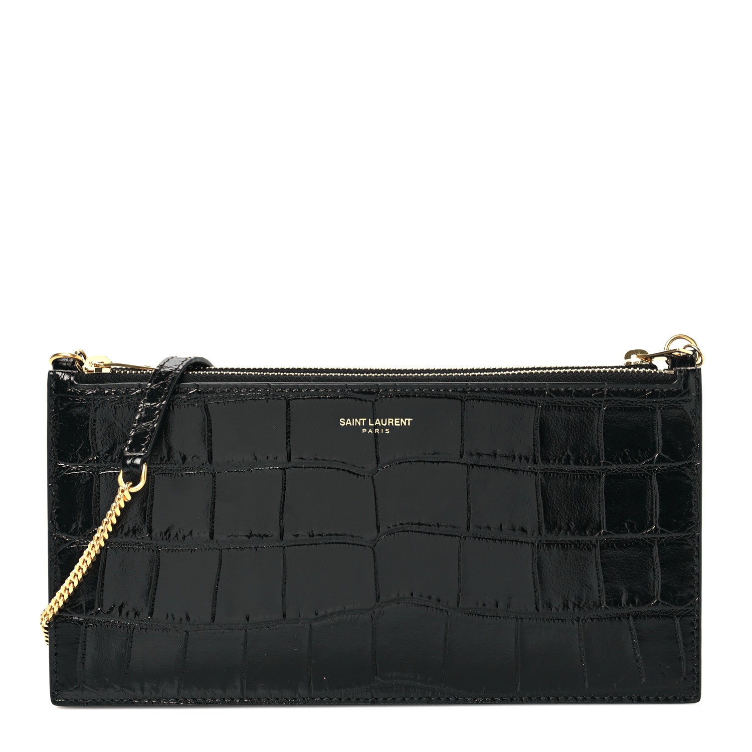 Saint Laurent Calfskin Crocodile Embossed Double Pouch On Chain Black 1 of 9