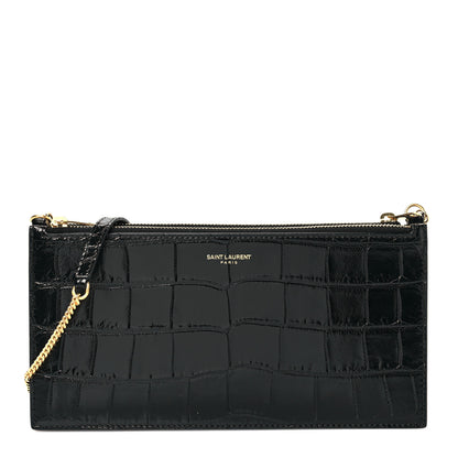 Saint Laurent Calfskin Crocodile Embossed Double Pouch On Chain Black 1 of 9