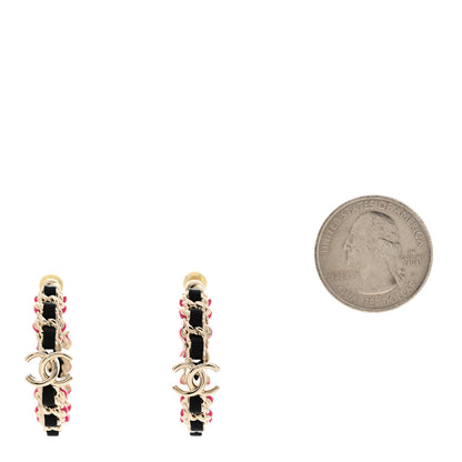 Chanel Lambskin Enamel CC Chain Hoop Earrings Gold Black Pink 2 of 4