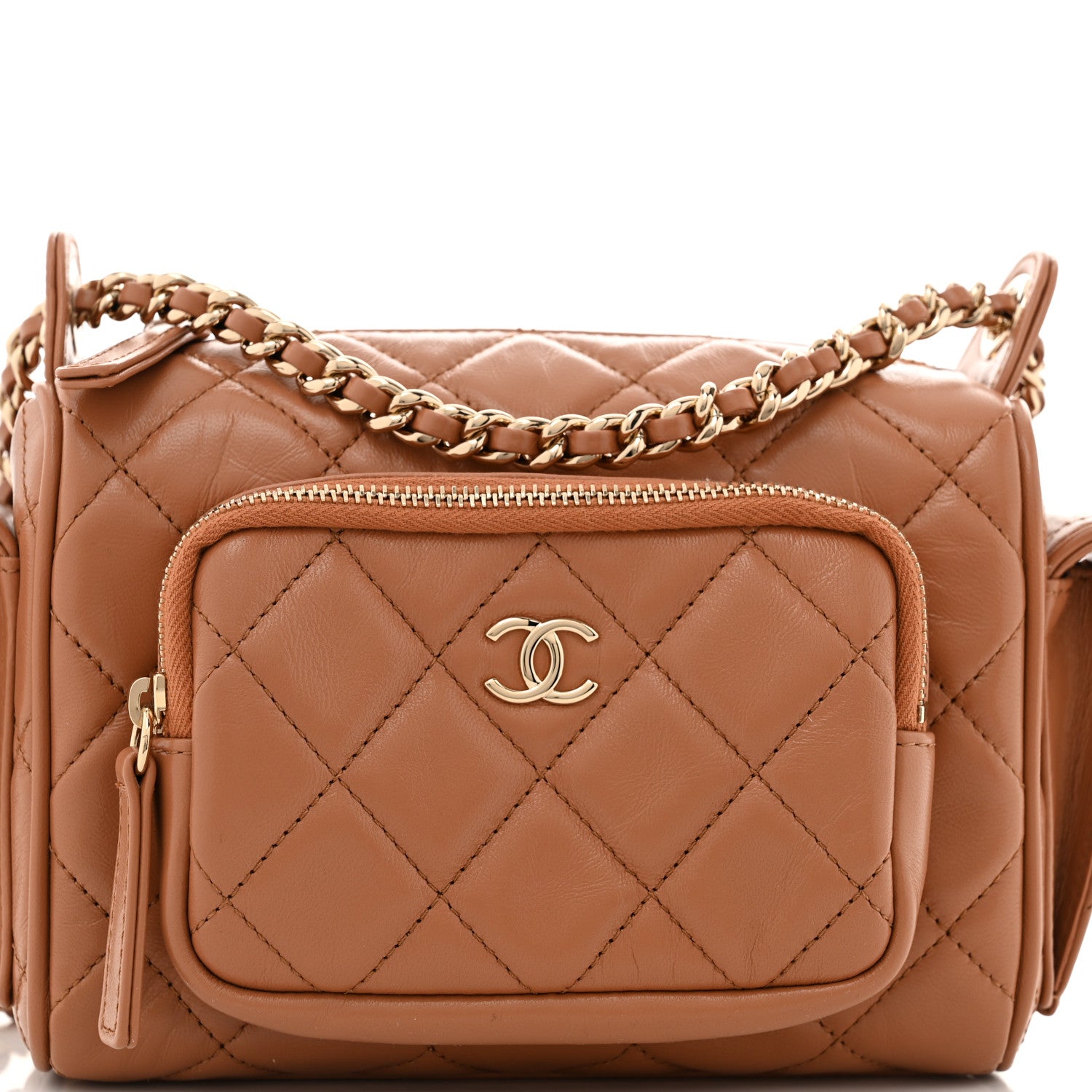 Chanel Shiny Crumpled Lambskin Quilted Small Preppy Pocket Camera Case Brown 8 of 11