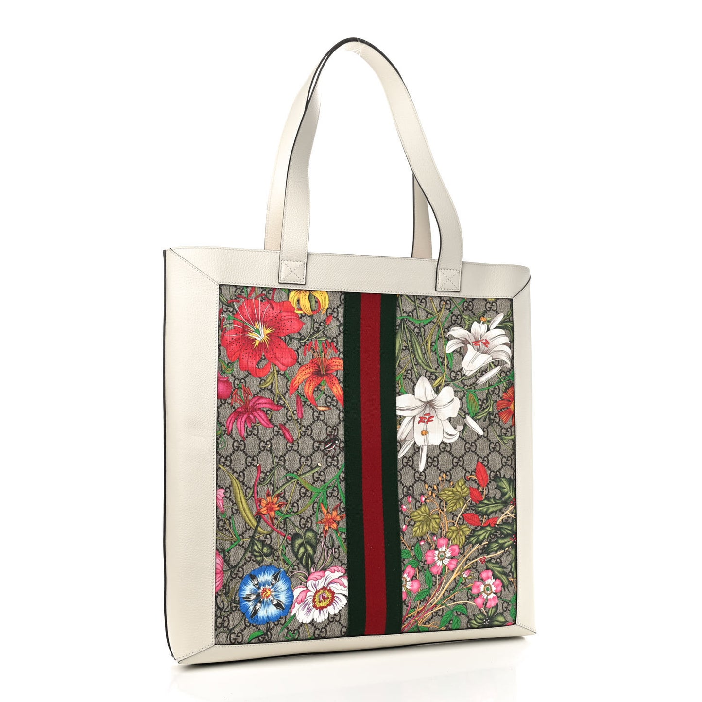 GG Supreme Monogram Flora Web Ophidia Vertical Shopping Tote White