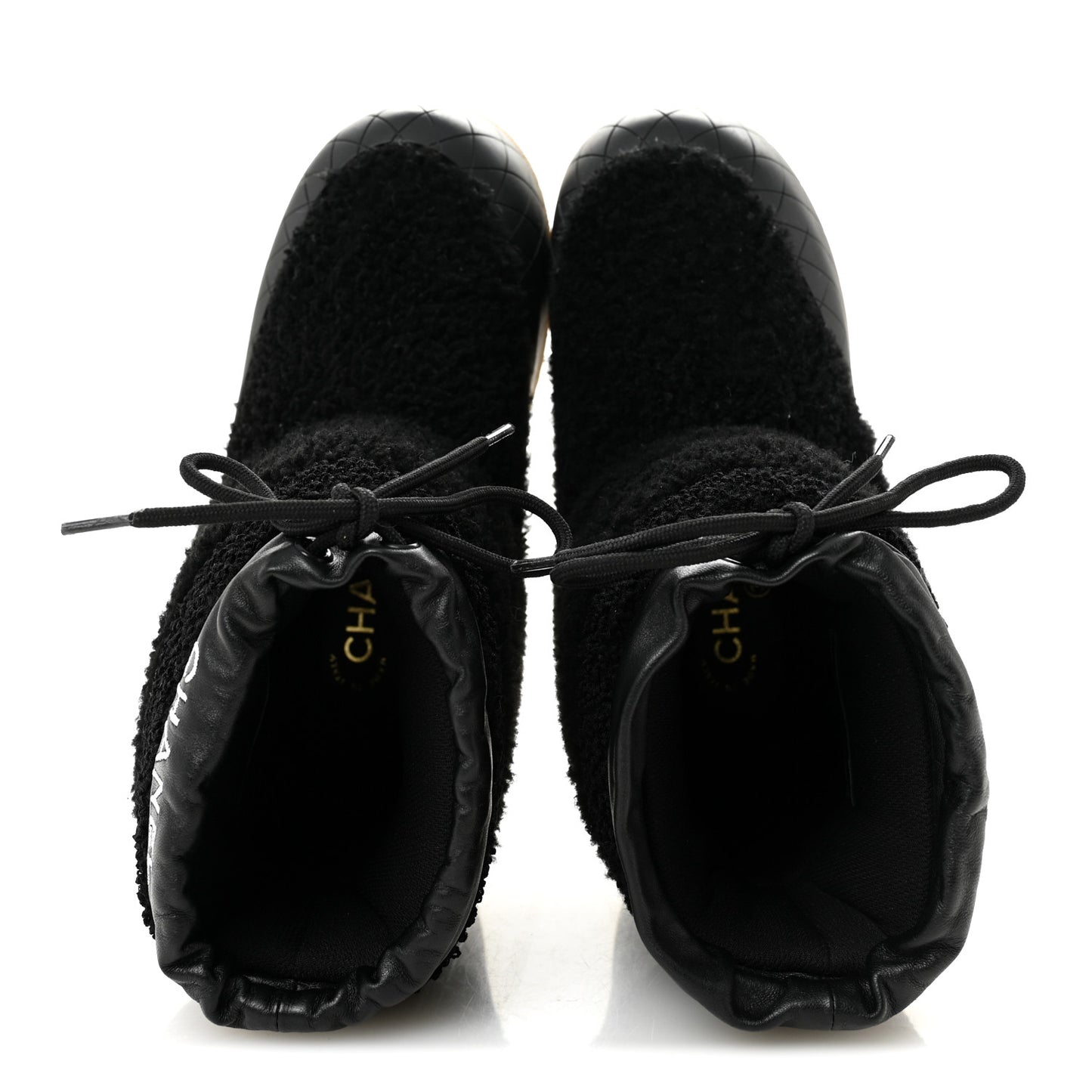 Tweed Shearling Sheepskin Drawstring Snow Ankle Boots 36 Black