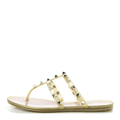 Valentino Garavani PVC Jelly Glitter Rockstud Caged Flat Thong Sandals 37 Oro 1 of 9