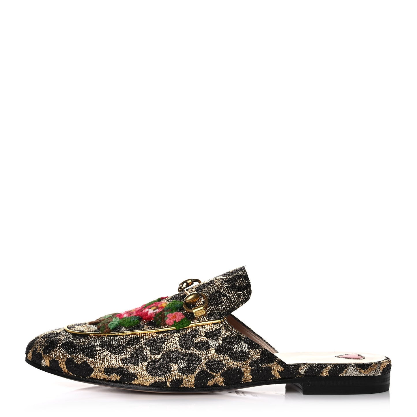 Lurex Jacquard Leopard Embroidered Womens Princetown Slippers 39.5 Black Gold