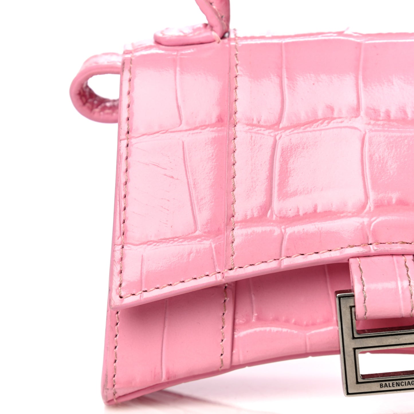 Shiny Calfskin Crocodile Embossed Hourglass Top Handle Bag Mini Pink