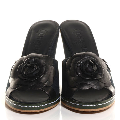 Chanel Canvas Camellia Wedge Sandals 38 Black 2 of 6