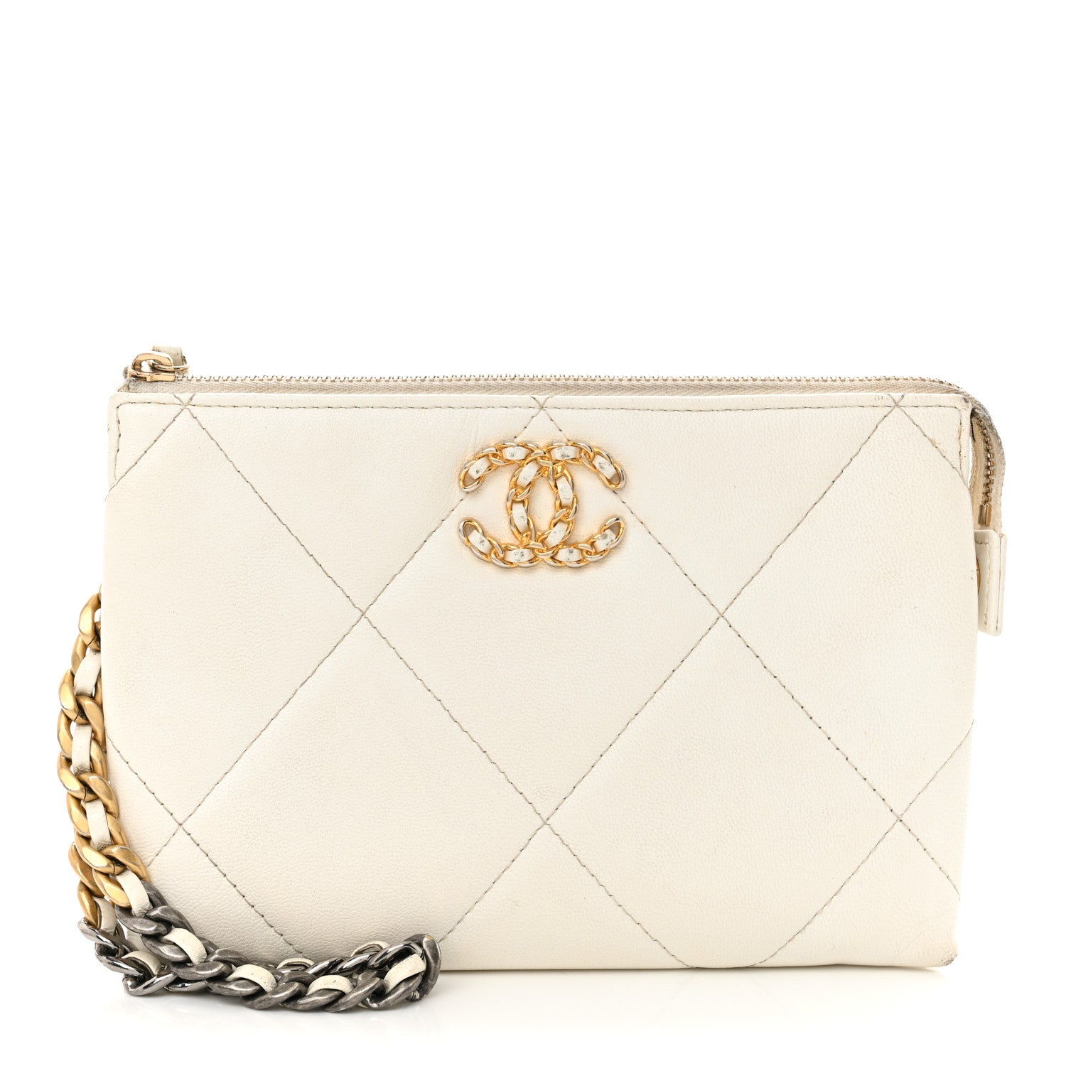 Chanel Shiny Goatskin Quilted Chanel 19 Small Pouch With Handle White 1 of 13
